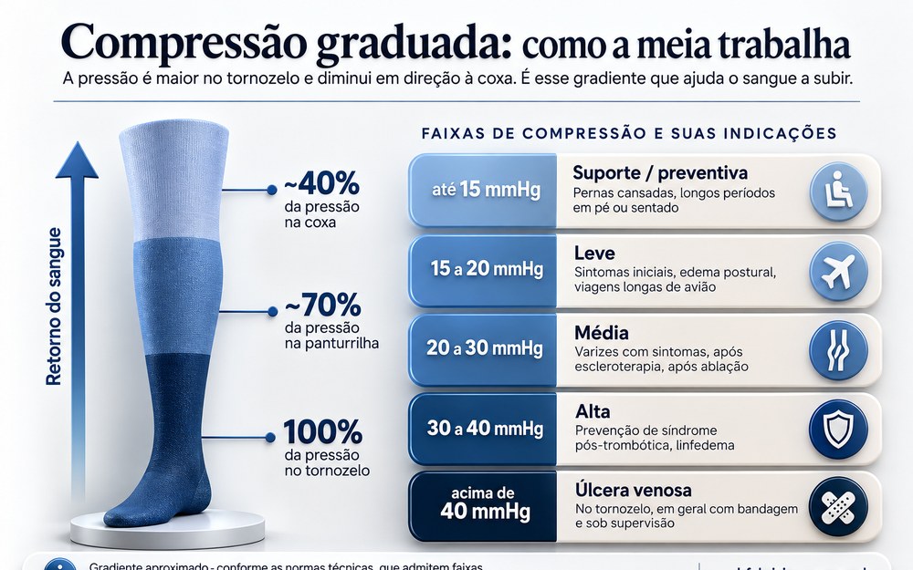 Ilustração da compressão graduada: 100% no tornozelo, 70% na panturrilha e 40% na coxa