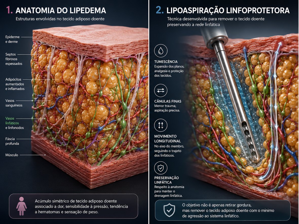 Infográfico em dois painéis: à esquerda a anatomia do tecido acometido pelo lipedema, com septos fibrosos, adipócitos aumentados e a rede de vasos linfáticos; à direita a cânula trabalhando no sentido do comprimento do membro, com tumescência e preservação da rede linfática
